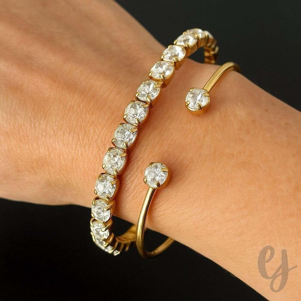 Set of 2 Gold Tone Bracelets— Open Cuff Bangle and Stretch with Crystals